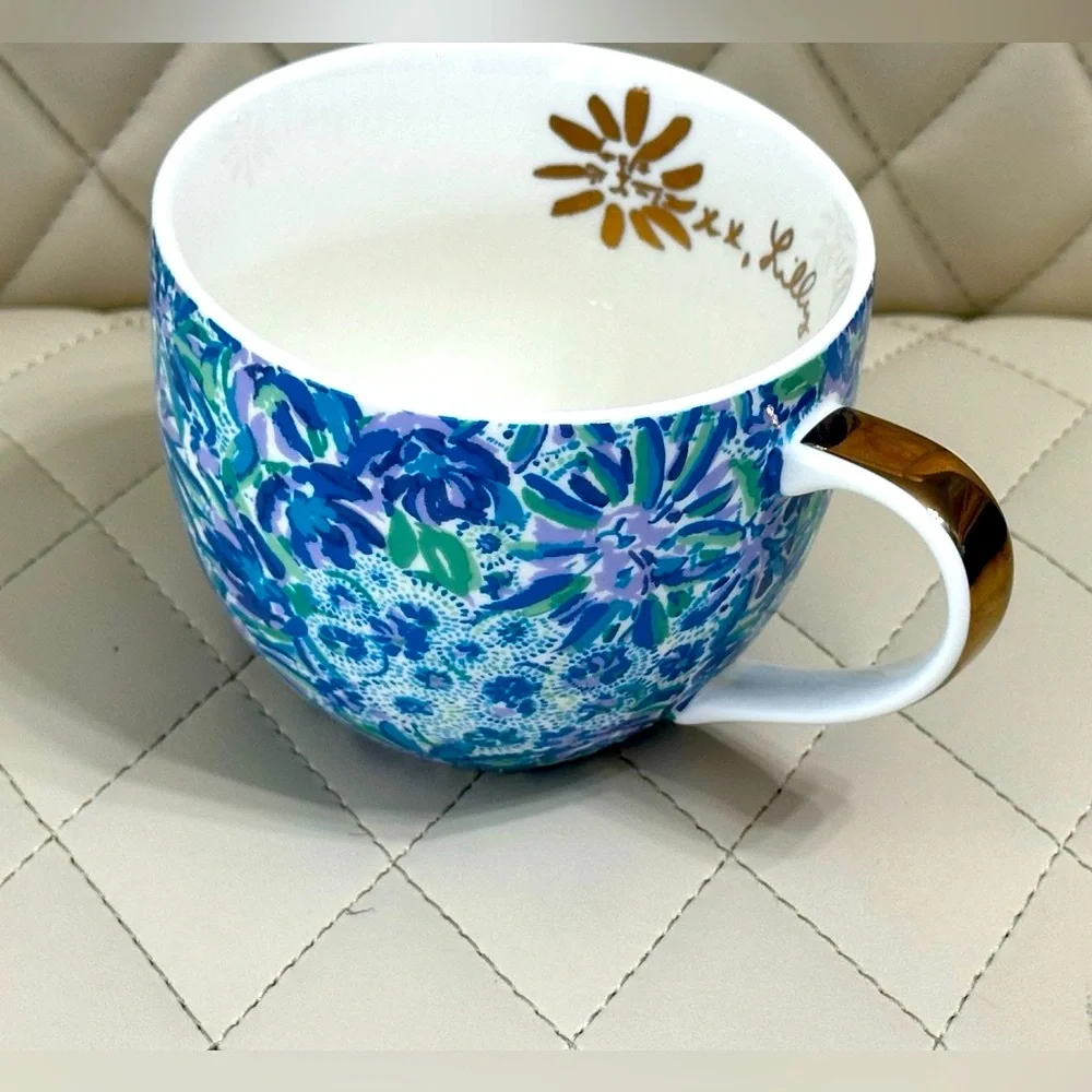 LILLY PULITZER high maintenance ceramic mug blue floral gold handle 12 oz